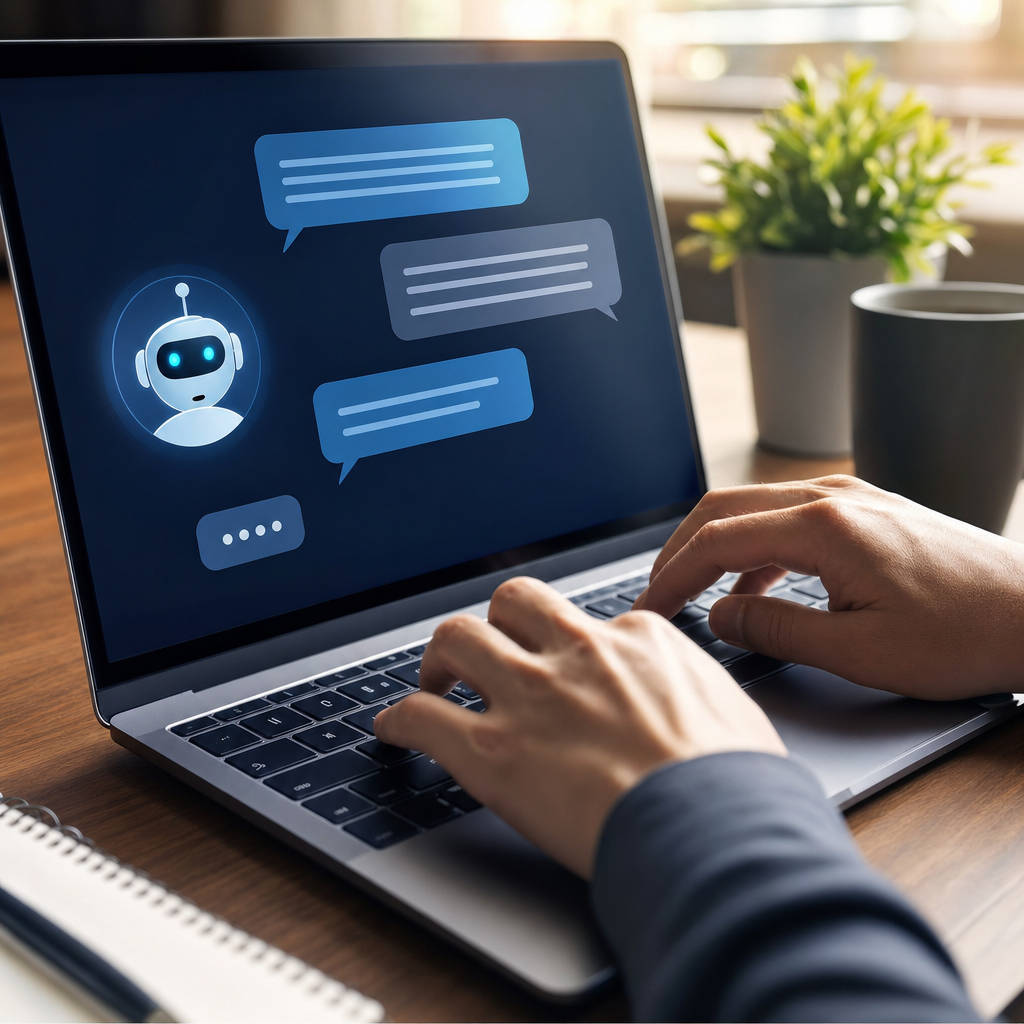 Hands typing on a laptop with a friendly chatbot conversation glowing on screen, coffee cup nearby
