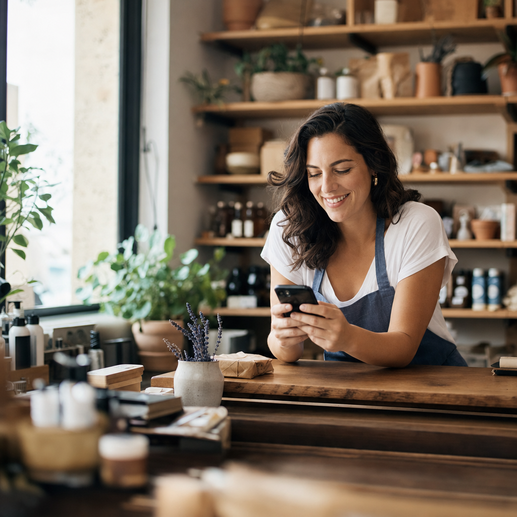 Small business owner smiling while checking phone notifications at a shop counter