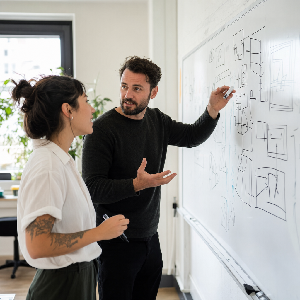 Two teammates collaborating at a whiteboard covered in flowchart diagrams in a bright studio